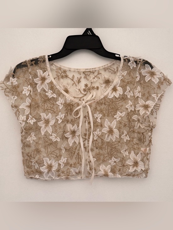 Tops - Embroidered Sheer Tie-Front Blouse - Cream